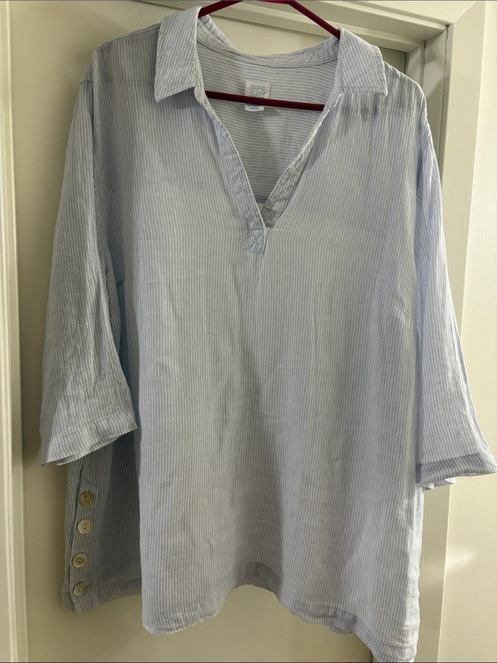 Sigrid Olsen Light Blue and White Pinstripe Pullover Button-Tab Sleeve Shirt